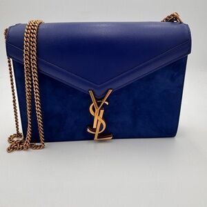 SAINT LAURENT Snooth Calfskin Suede Monogram Cassandra Clasp Bag Bleu Saphr